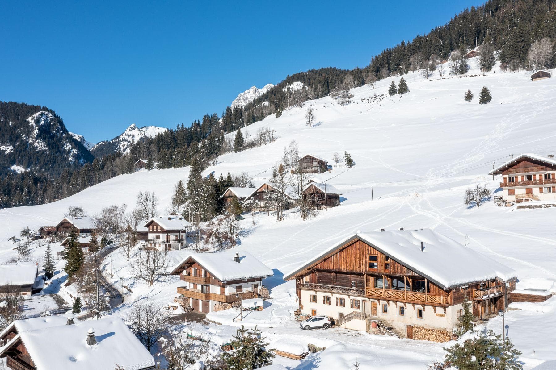 Chalet exterior with mountain views and direct access to snowy meadows