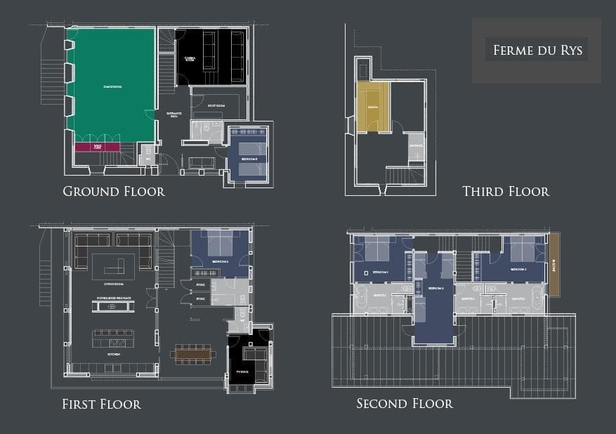 Four-story floor plan featuring sauna, game room, and multiple en-suite bedrooms