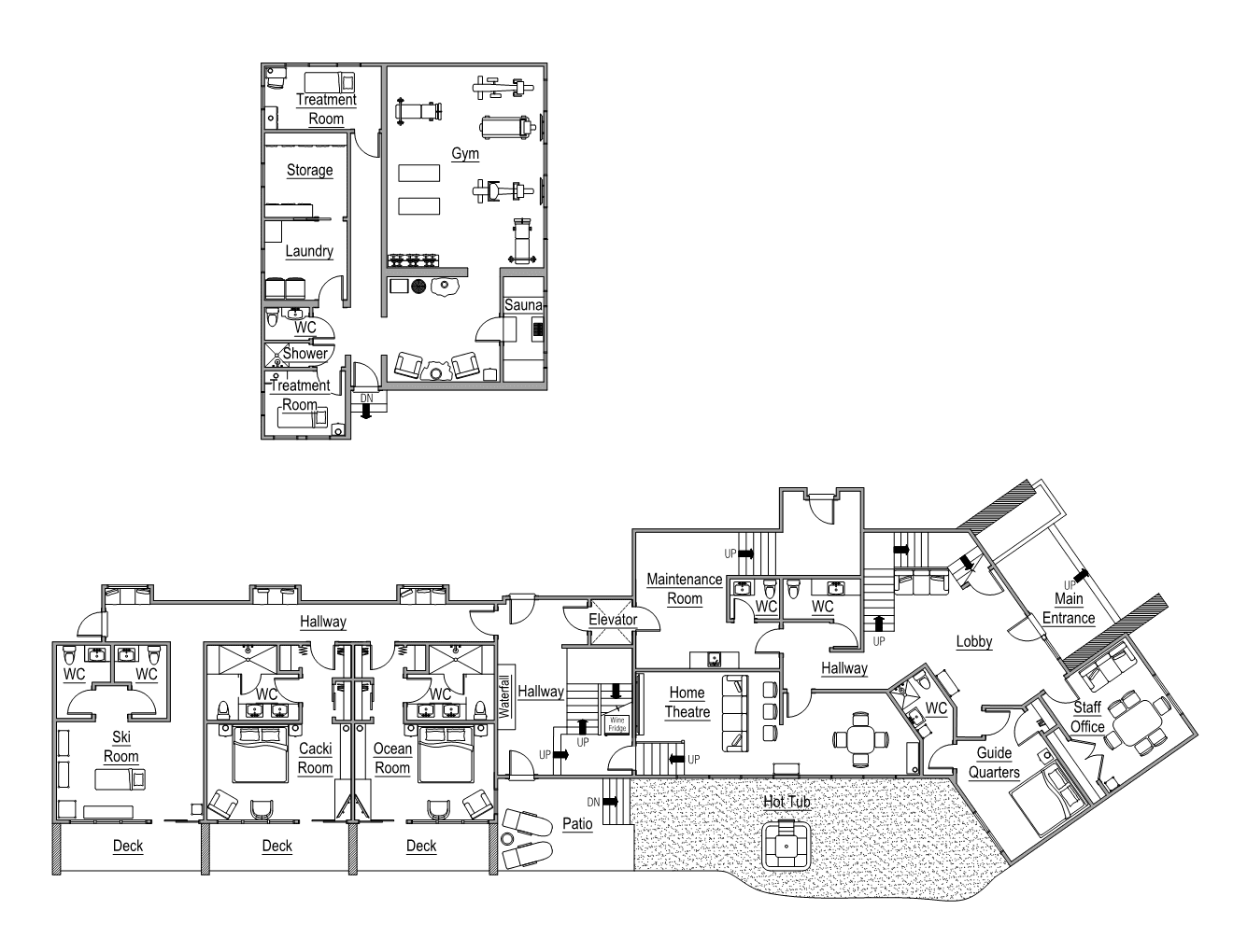 Property layout featuring elevator access, home theater, and private spa facilities