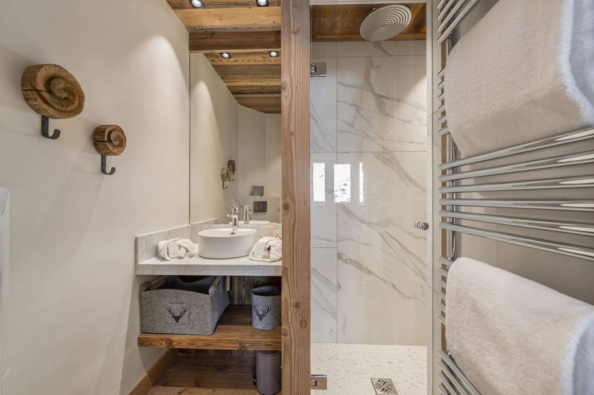 Bathroom with walk-in rainfall shower and heated towel rail