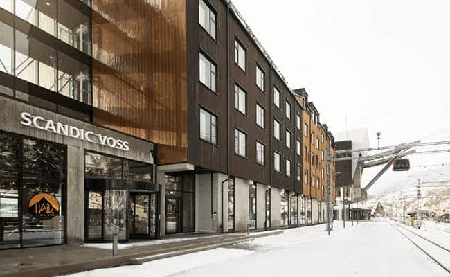 Ski-in/ski-out hotel entrance located adjacent to Voss Gondol and train station