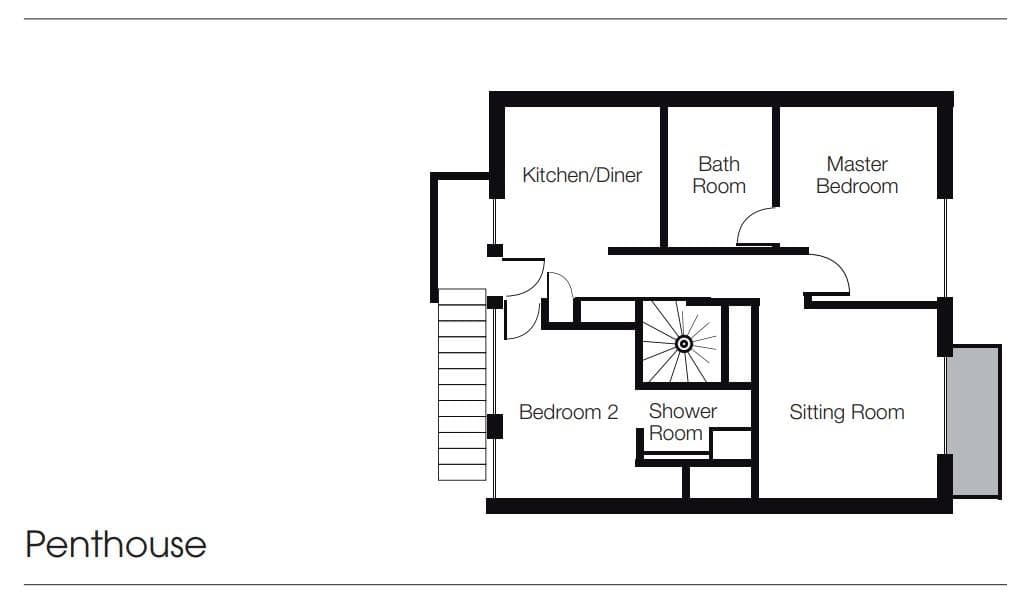 Penthouse floor plan: two bedrooms, two bathrooms, kitchen/diner, and sitting room