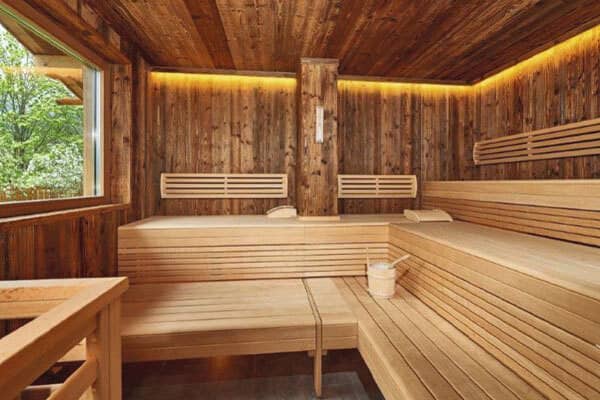 Wood-paneled sauna with multi-level seating and forest view window