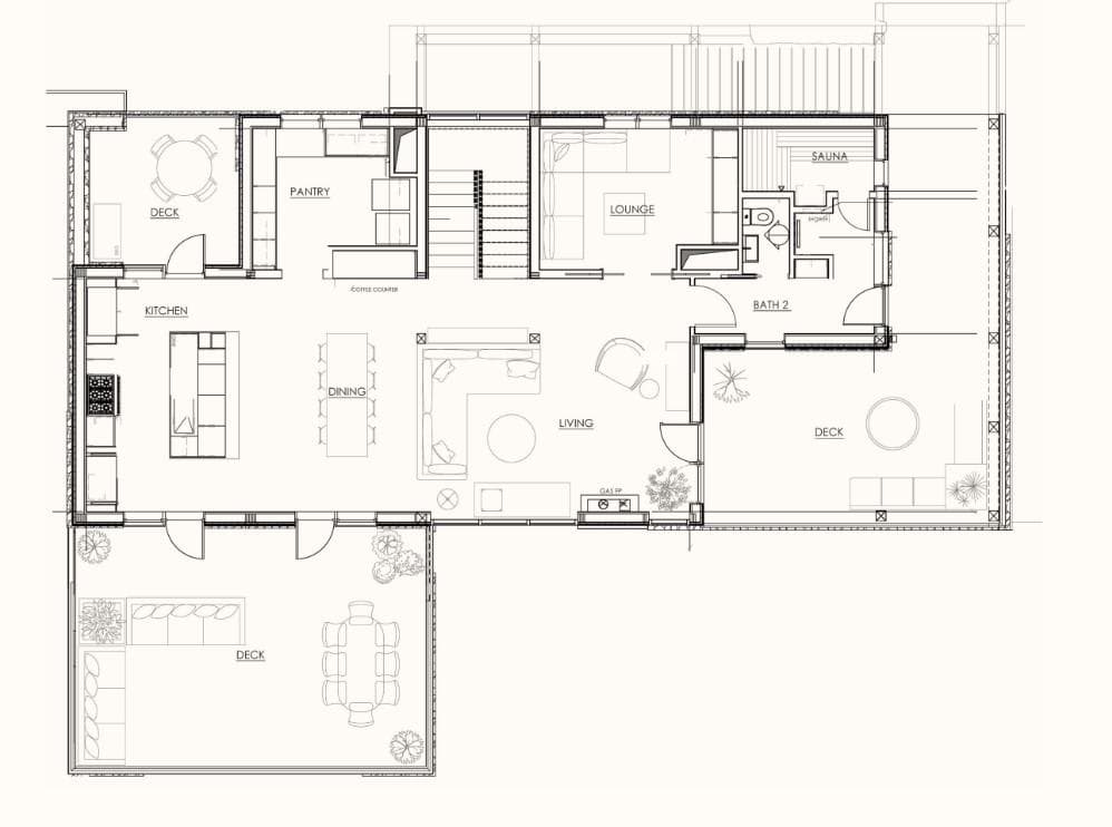 Main floor layout: open kitchen, living area, lounge, and private sauna