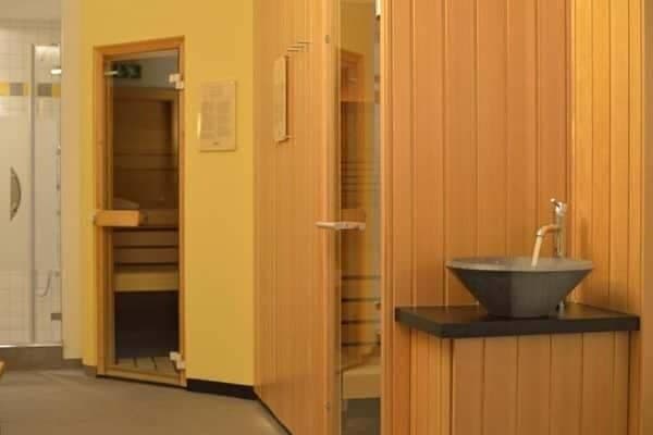 Private sauna with glass door and adjacent walk-in shower