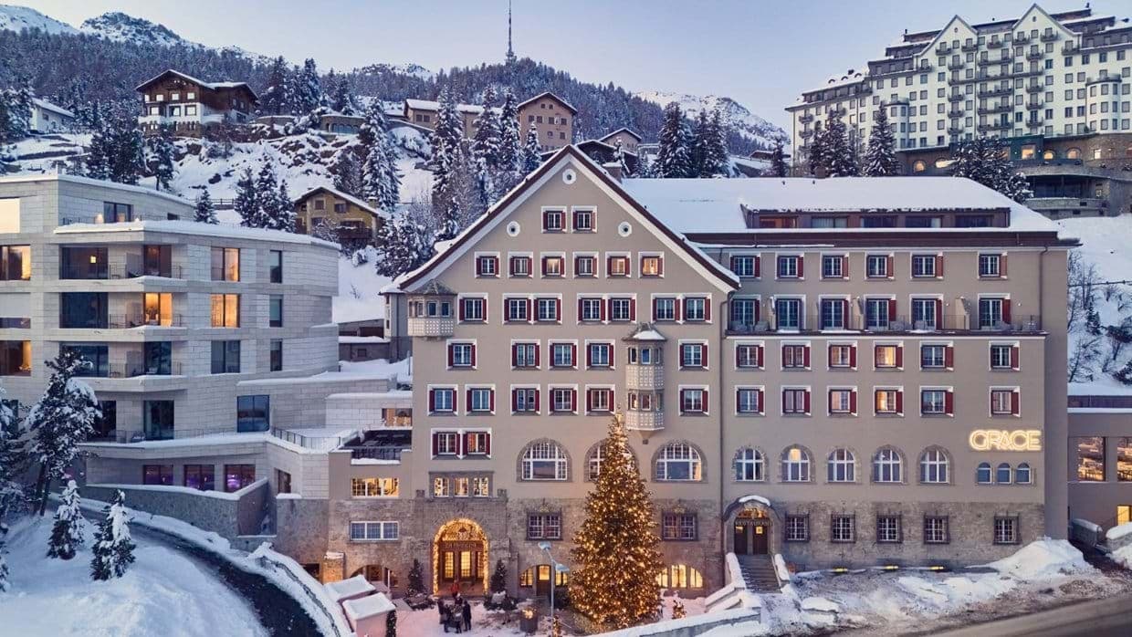 Ski-in, ski-out hotel exterior located in St. Moritz mountain village