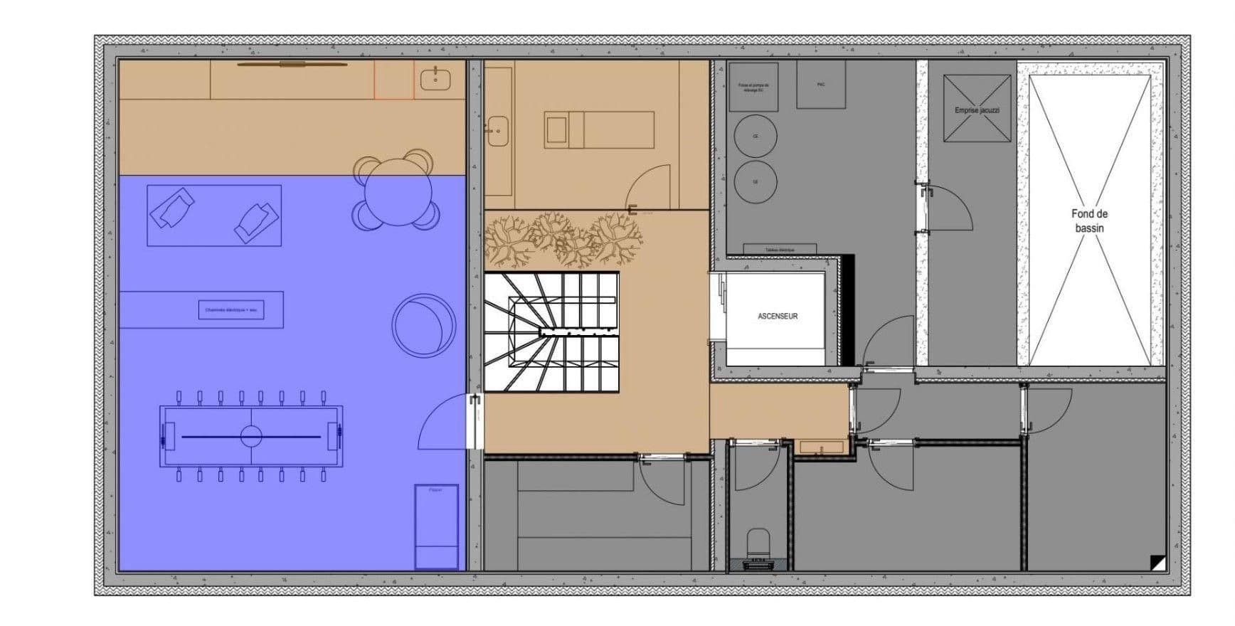 Floor plan: game room, pool area, laundry, elevator, and stairs