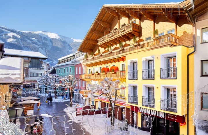 Chalet exterior with mountain views and proximity to pedestrian village