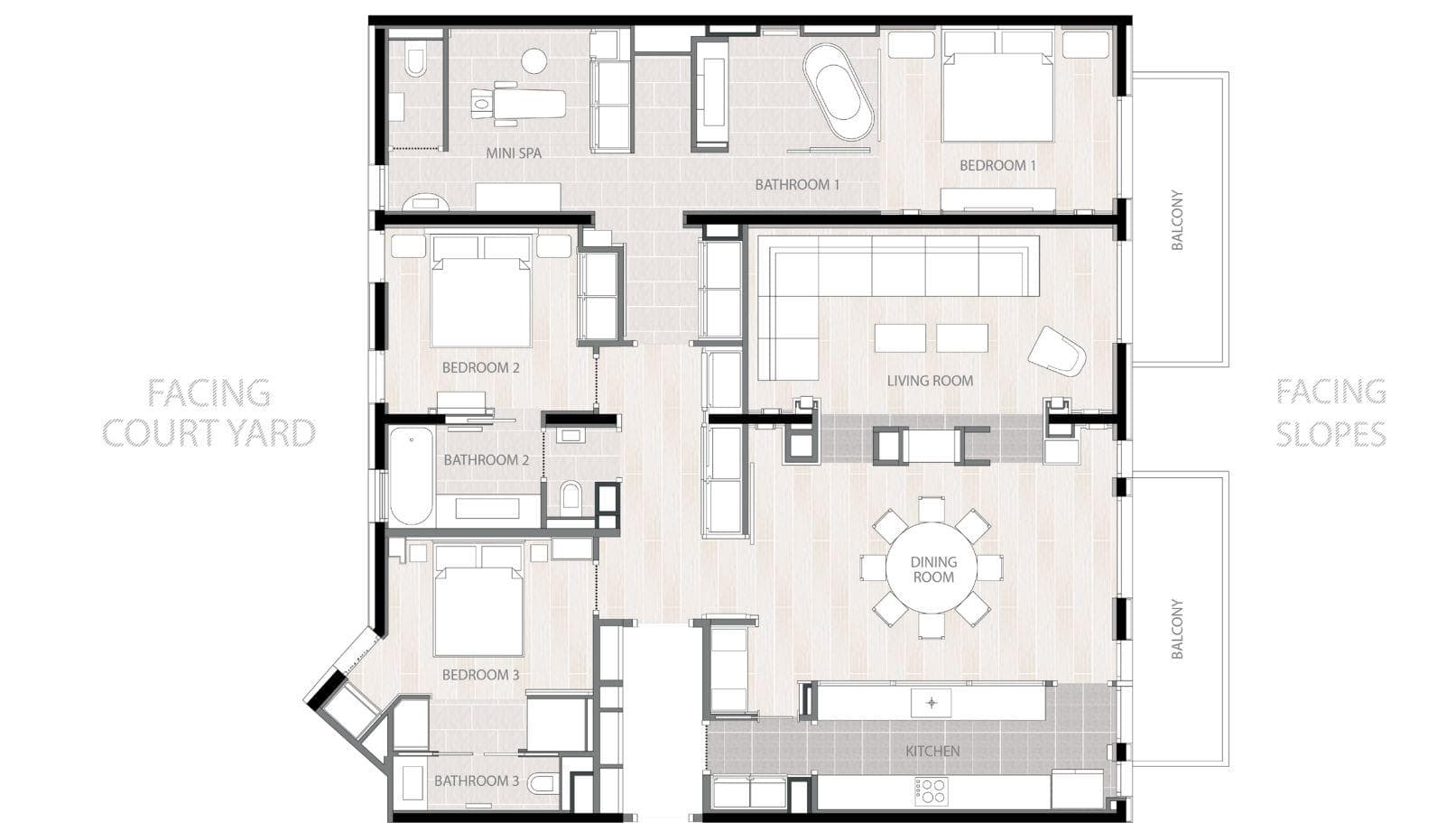 Floor plan: three bedrooms with en suites, mini spa, and slope-facing balconies