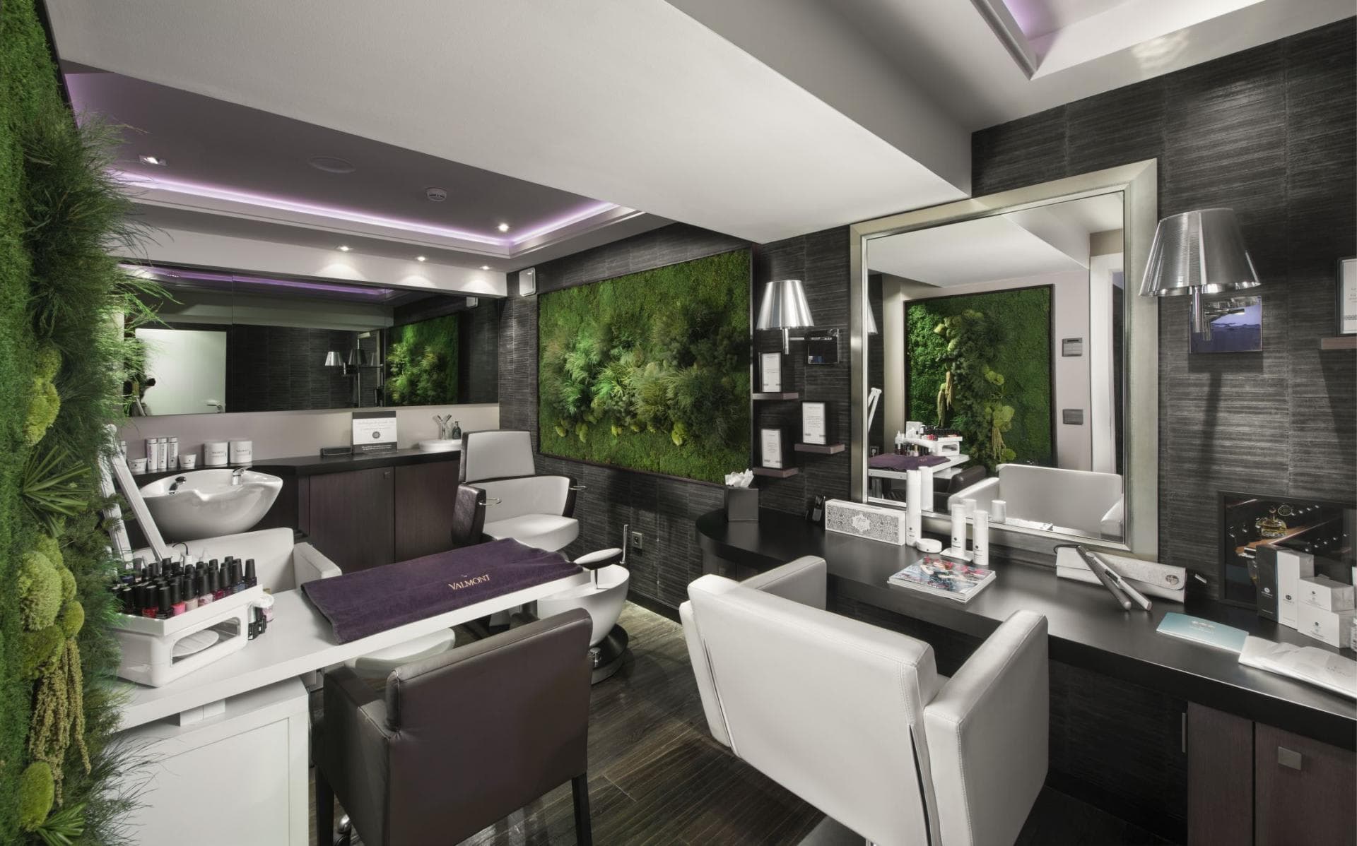 Private hair salon with wash station and living moss walls