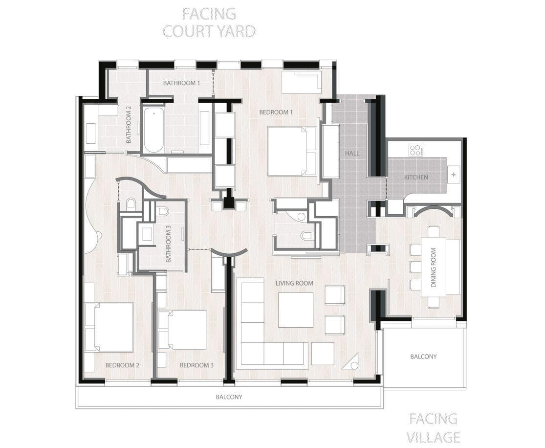 Three-bedroom floor plan featuring three full bathrooms and dual balconies