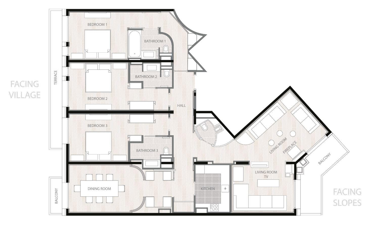 Floor plan: 3 ensuite bedrooms, open living area, and slope-facing balcony
