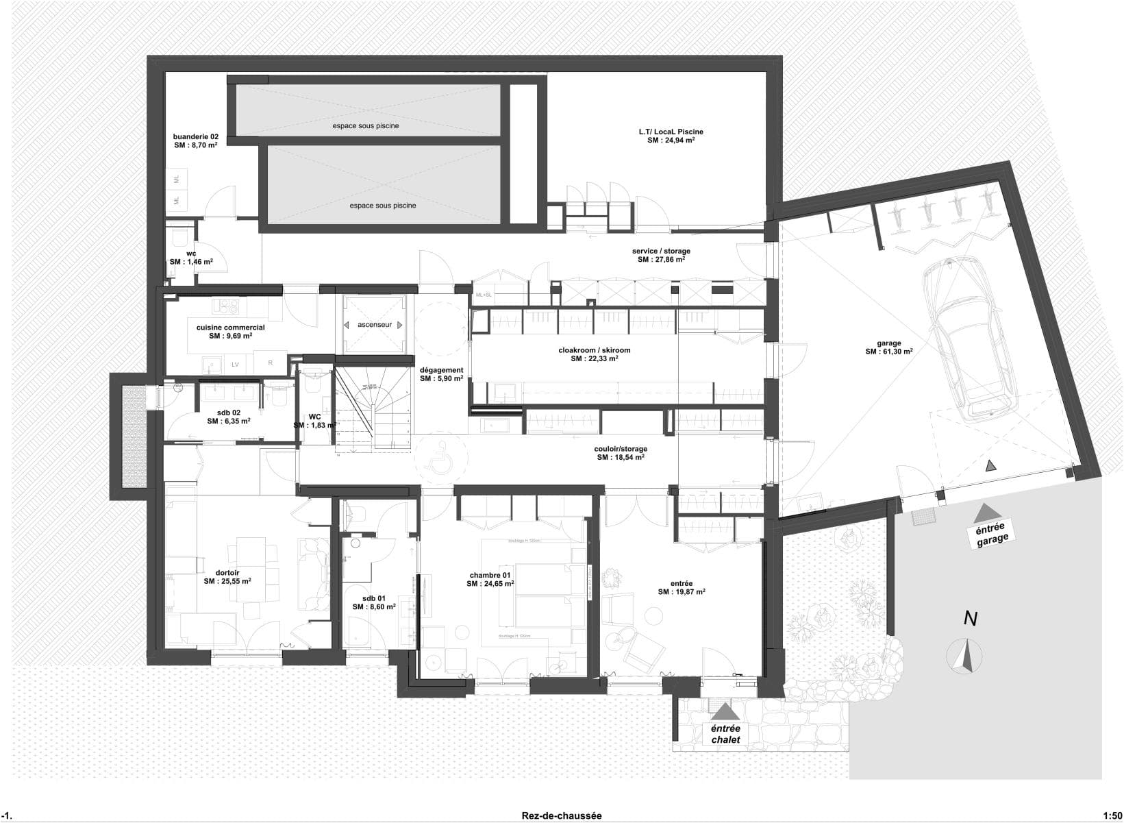 Ground floor plan: garage, ski room, bunk room, and elevator access