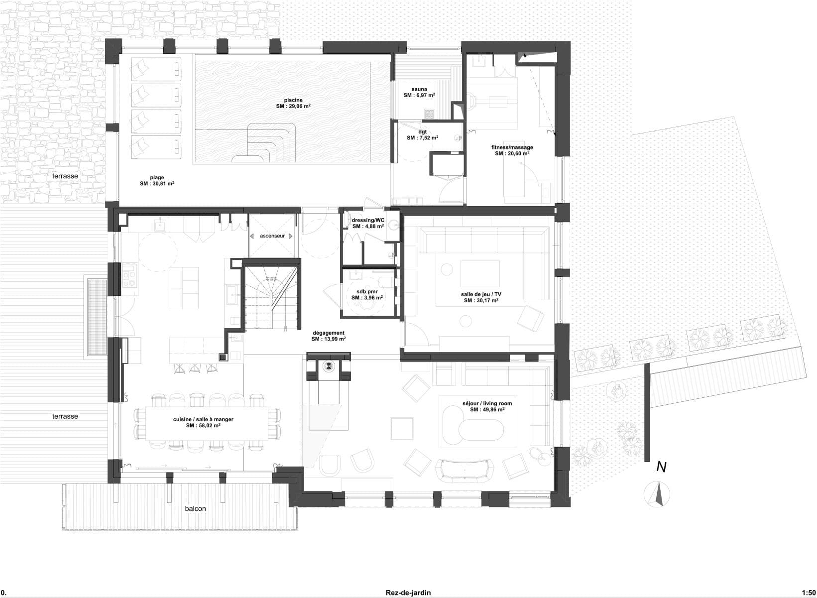Garden level plan: indoor pool, sauna, fitness room, and open-plan living areas