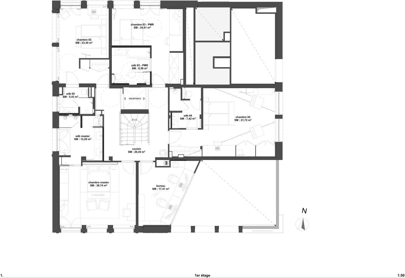 First floor plan: master suite, three en-suite bedrooms, office, and elevator access