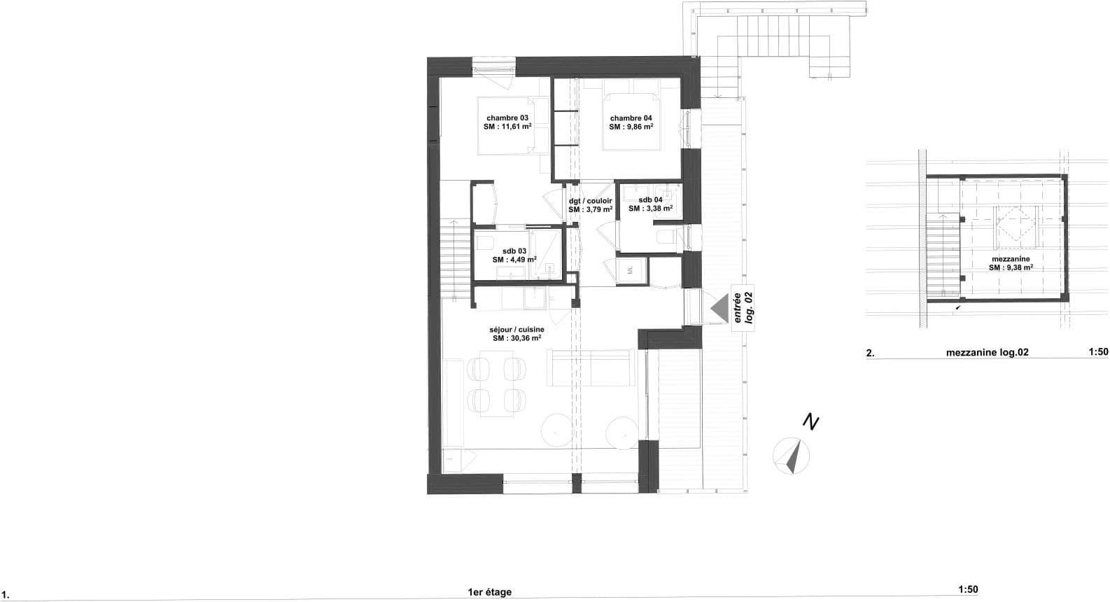 First floor layout: open-plan kitchen and living area, two bedrooms, and mezzanine level