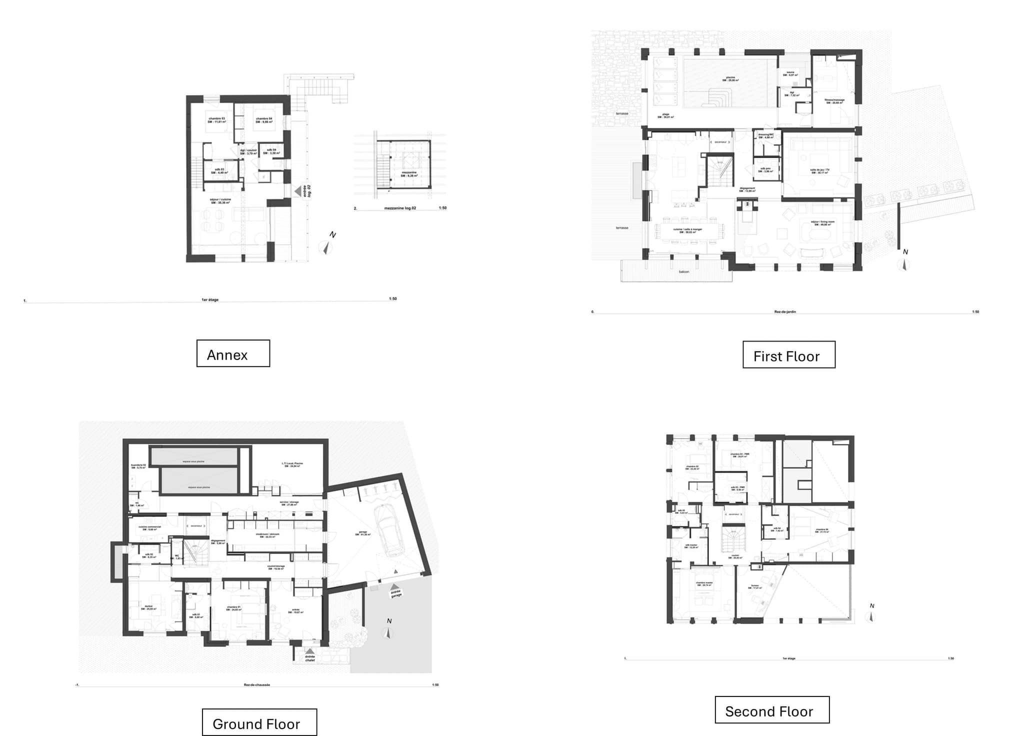 Property floor plans including ground floor with garage, two upper levels, and annex