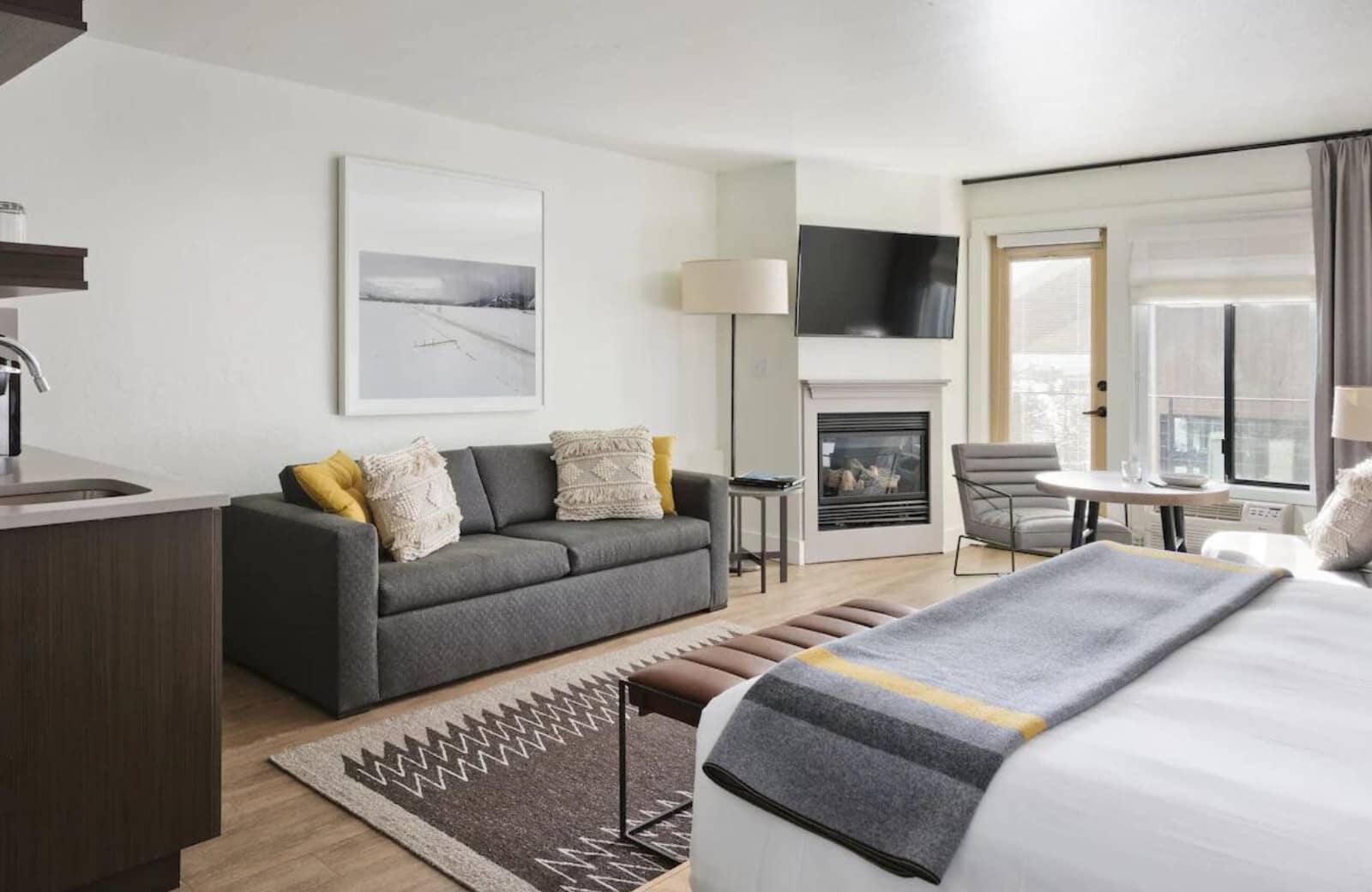 Studio living area with fireplace, sofa bed, and kitchenette