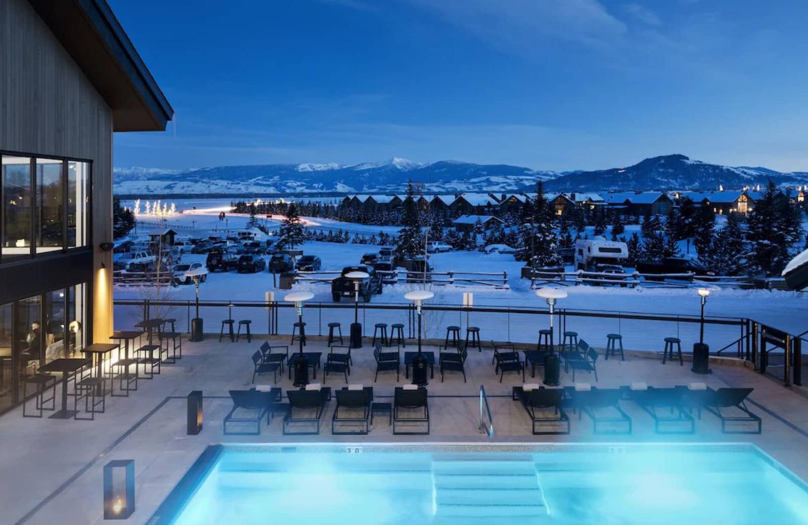 Heated pool and patio with mountain views and outdoor heaters
