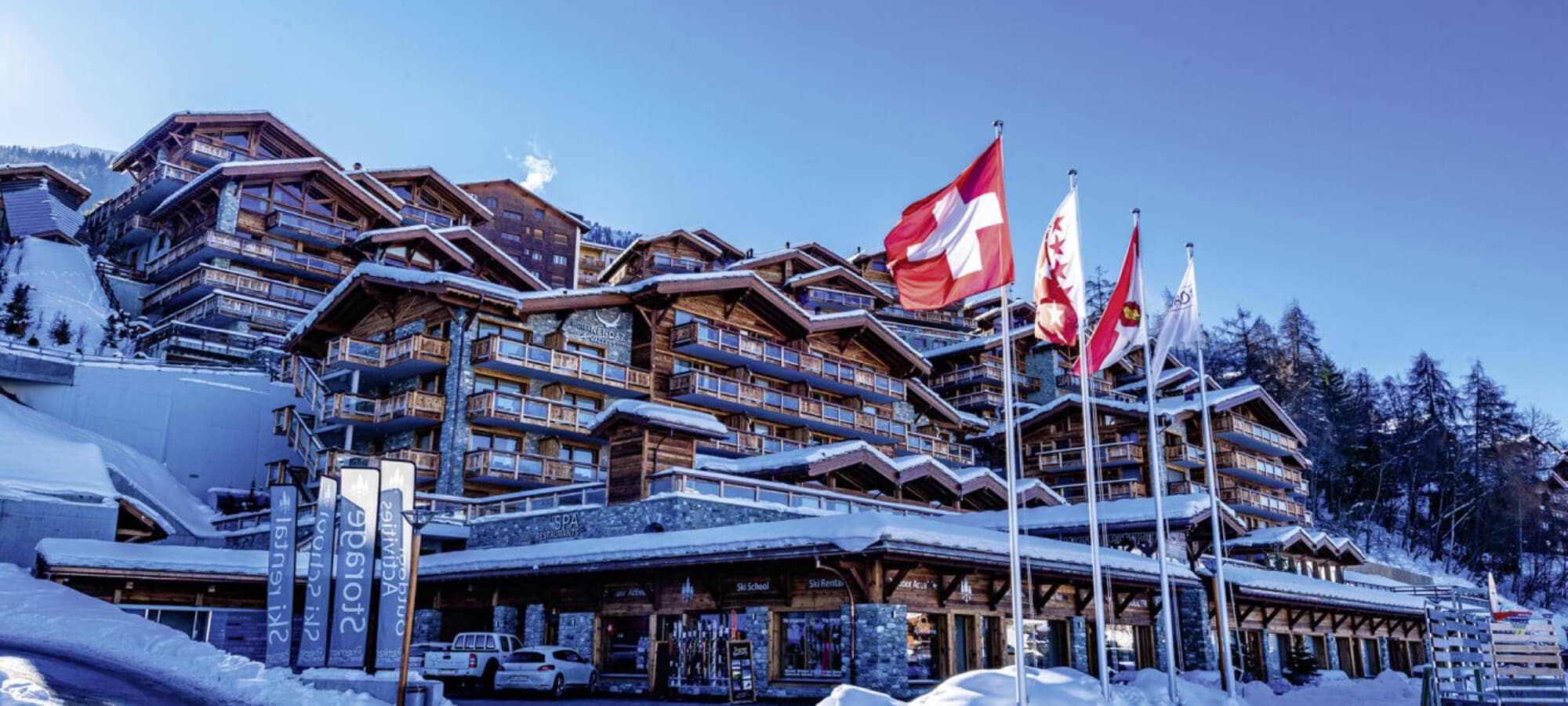 Ski-in/ski-out chalet complex with on-site rental shop and spa