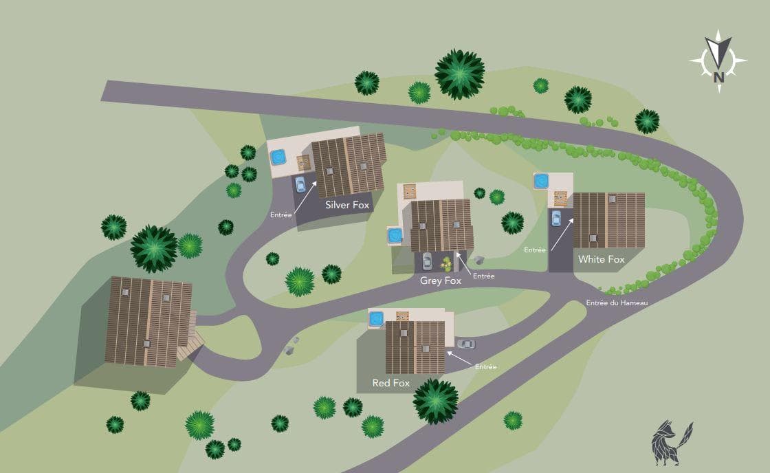 Site map showing four chalets with private entrances and hot tubs