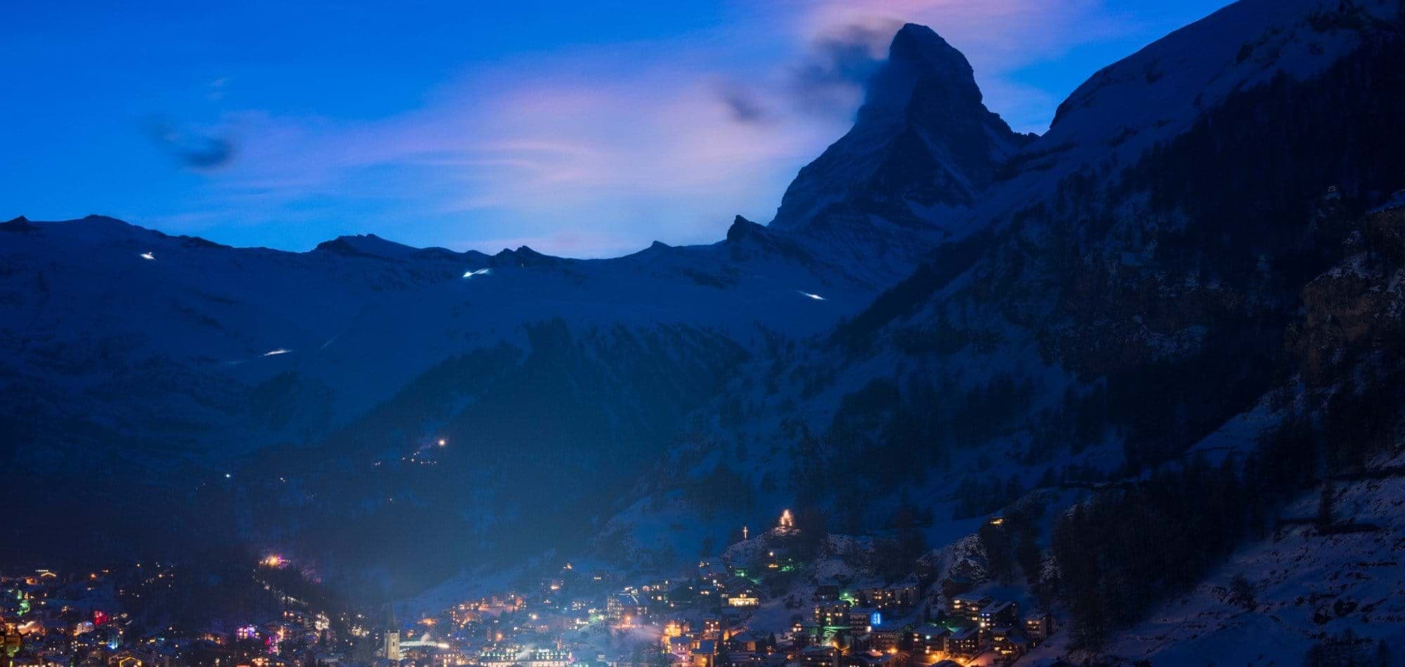 Zermatt village view with Matterhorn peak backdrop at dusk
