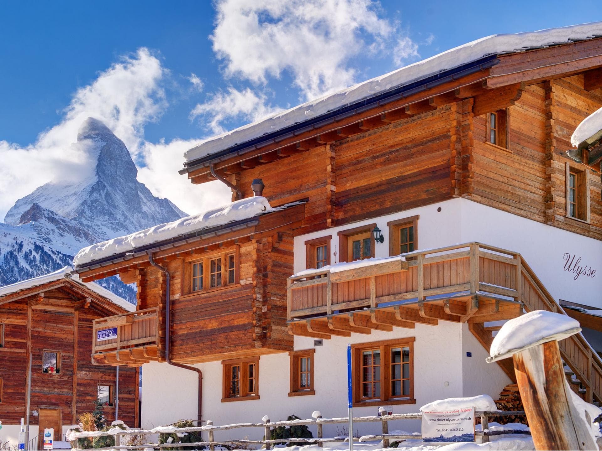 Chalet exterior with private balconies and direct Matterhorn views
