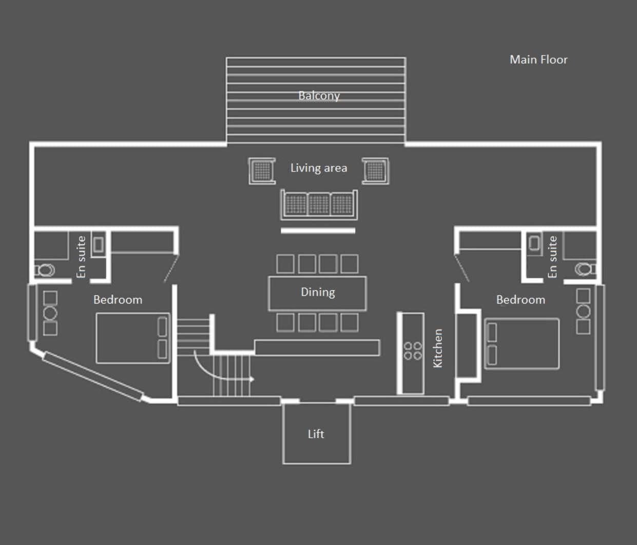 Main floor layout: living area, kitchen, dining, and two bedrooms with en suites