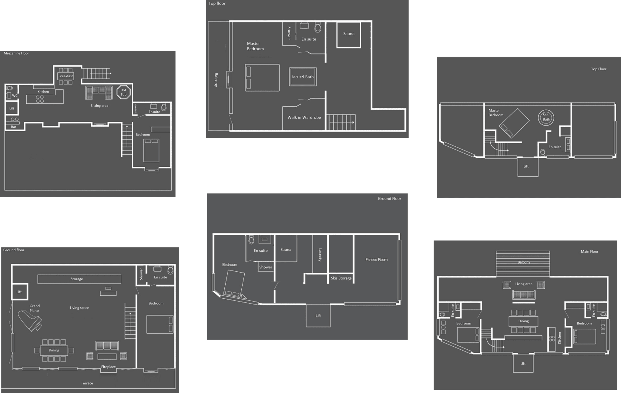 Multi-story floor plans with internal lift, sauna, and dedicated ski storage