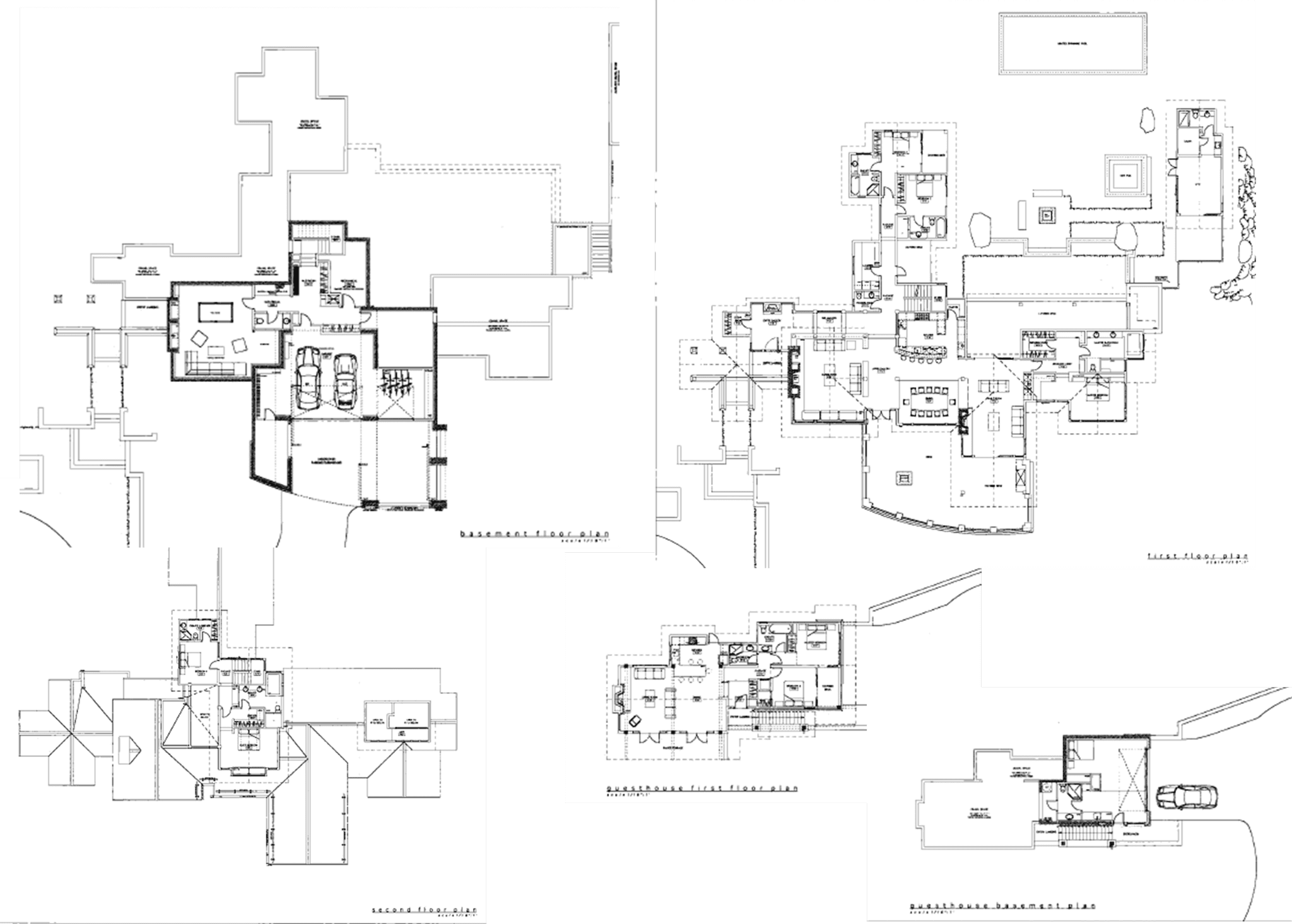 Floor plans for main house and guesthouse across three levels