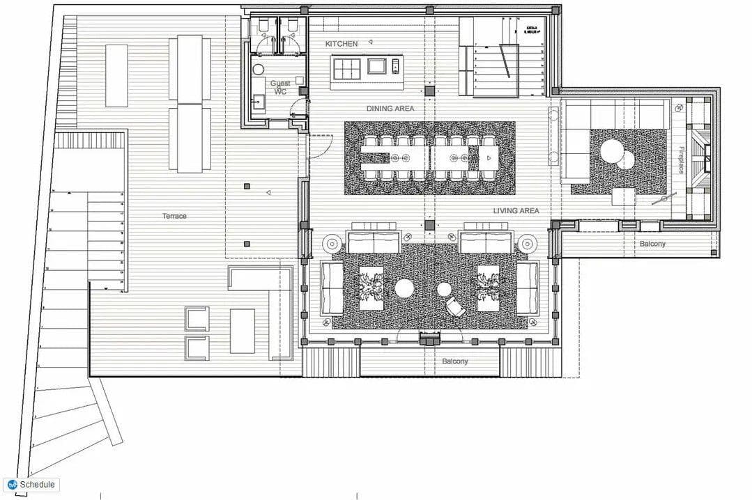Main floor plan: open kitchen, dining for 14, living areas, and wrap-around terrace