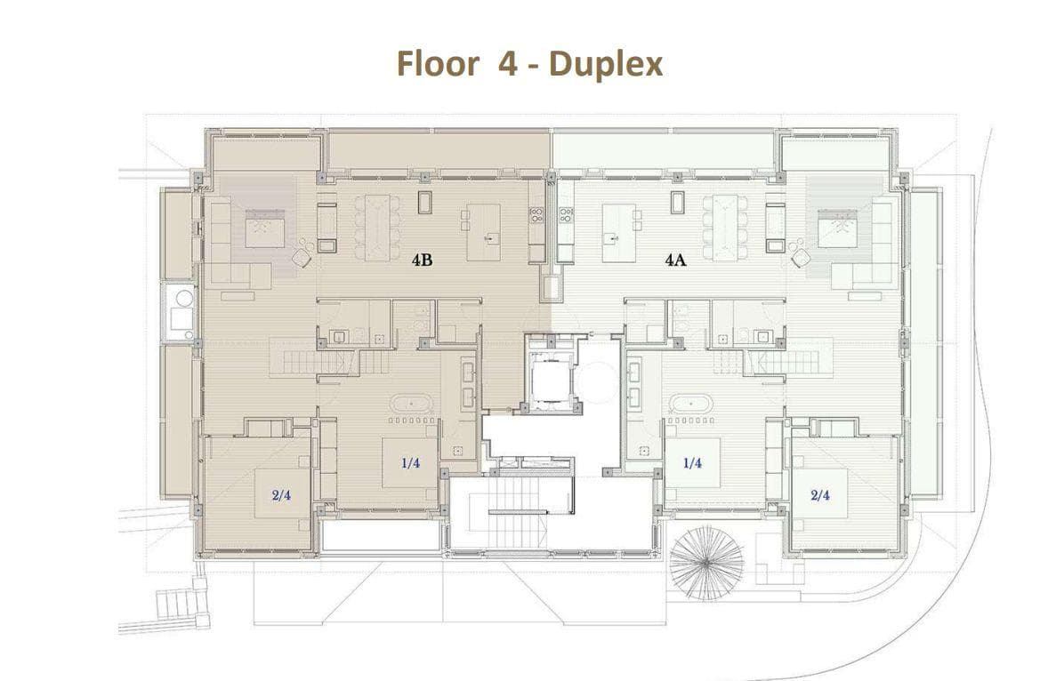 Floor 4 plan: duplex layout with two mirroring units, shared elevator, and stairs