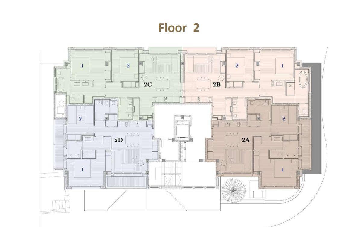 Second floor layout showing four distinct residential units and central elevator access