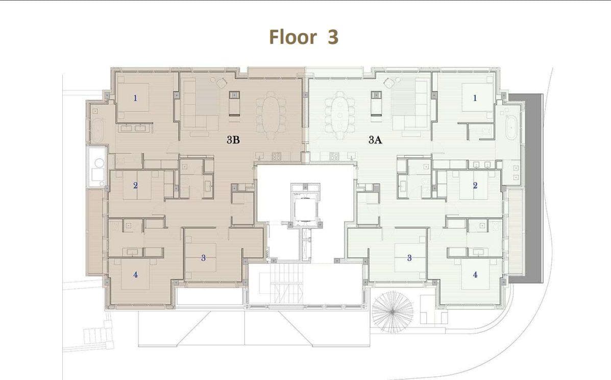 Floor 3 layout: two residential units each with four bedrooms and central elevator