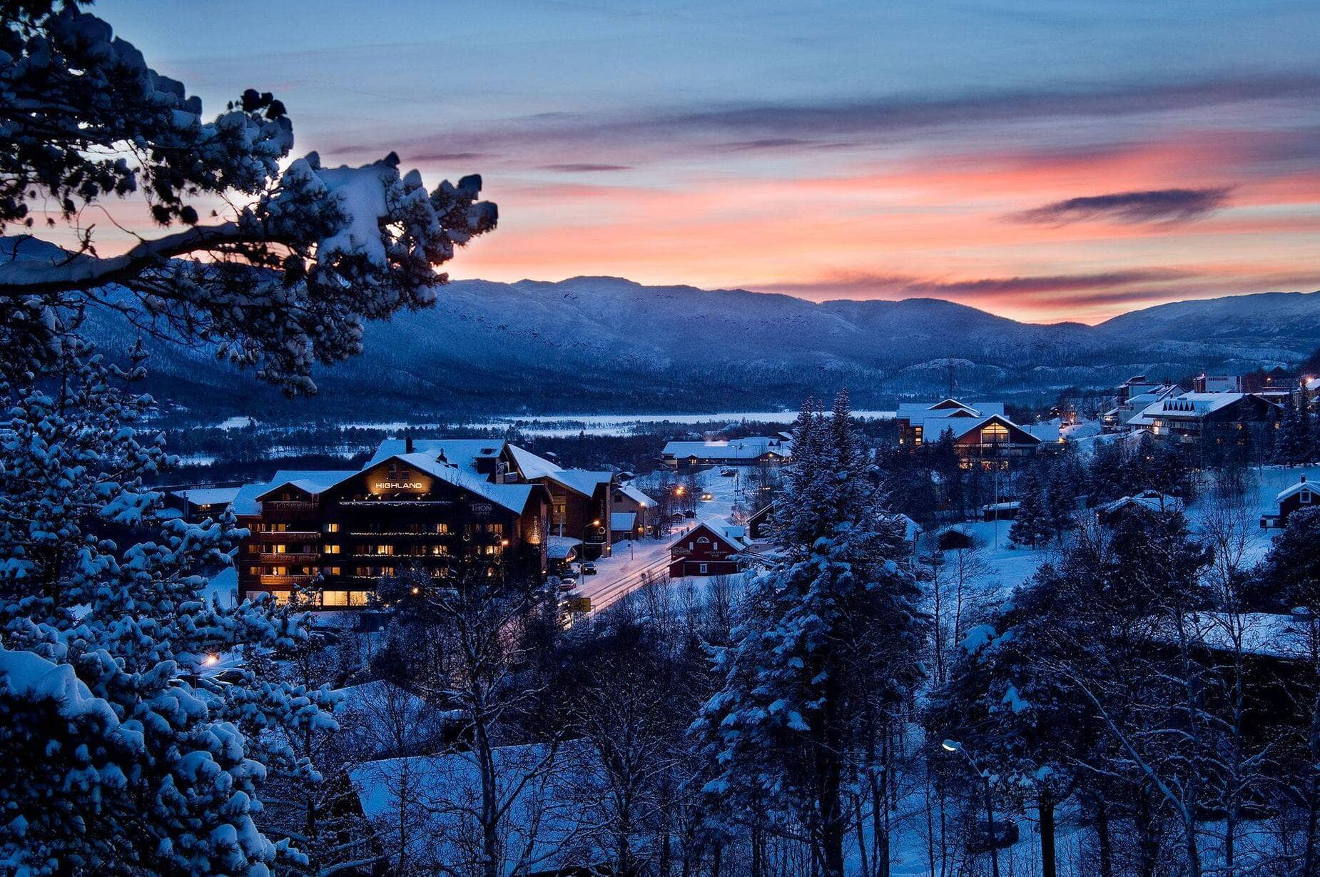 Mountain and village views at sunset overlooking Highland Lodge