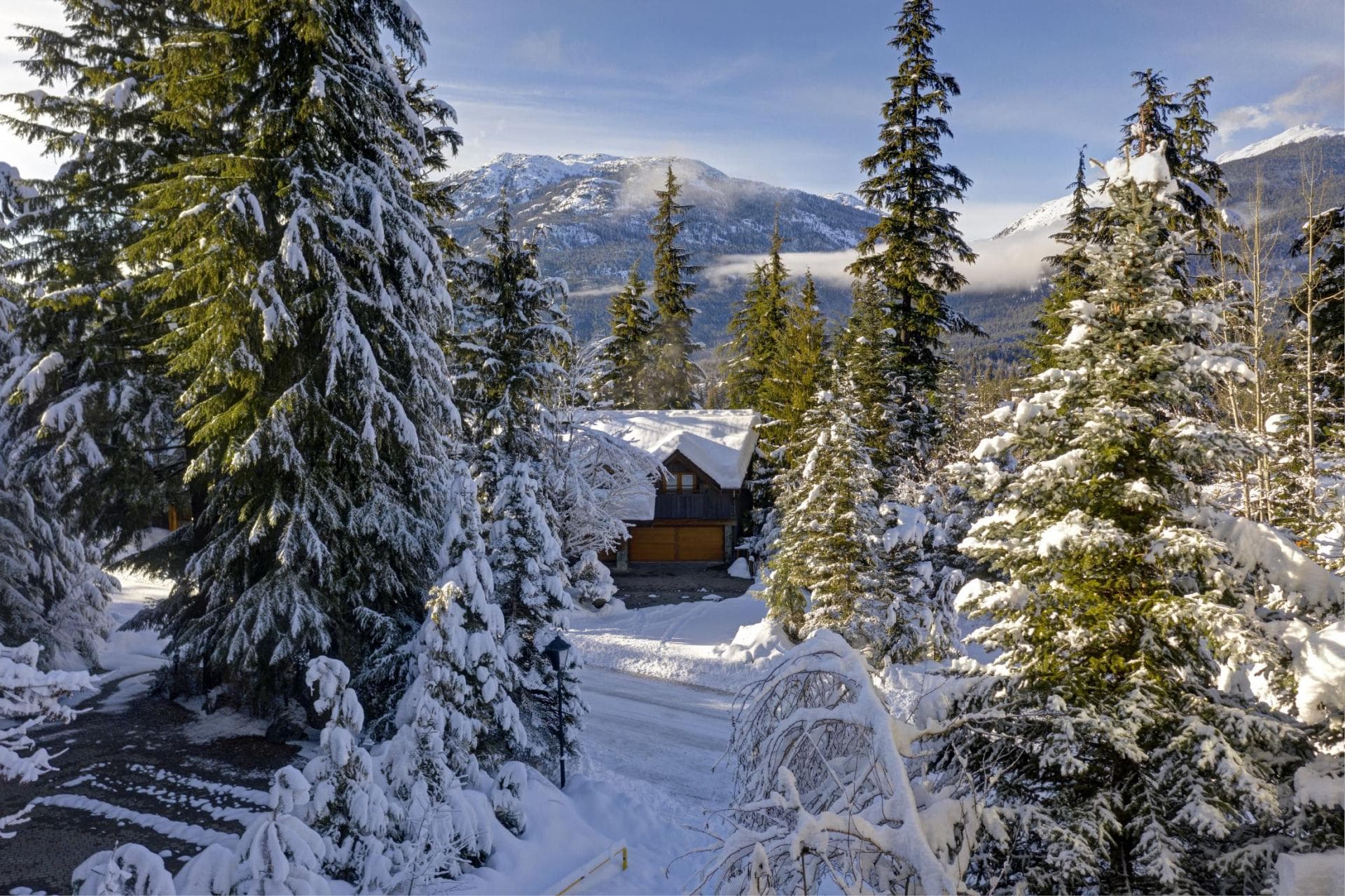 Cabin exterior with two-car garage and mountain views; wooded lot