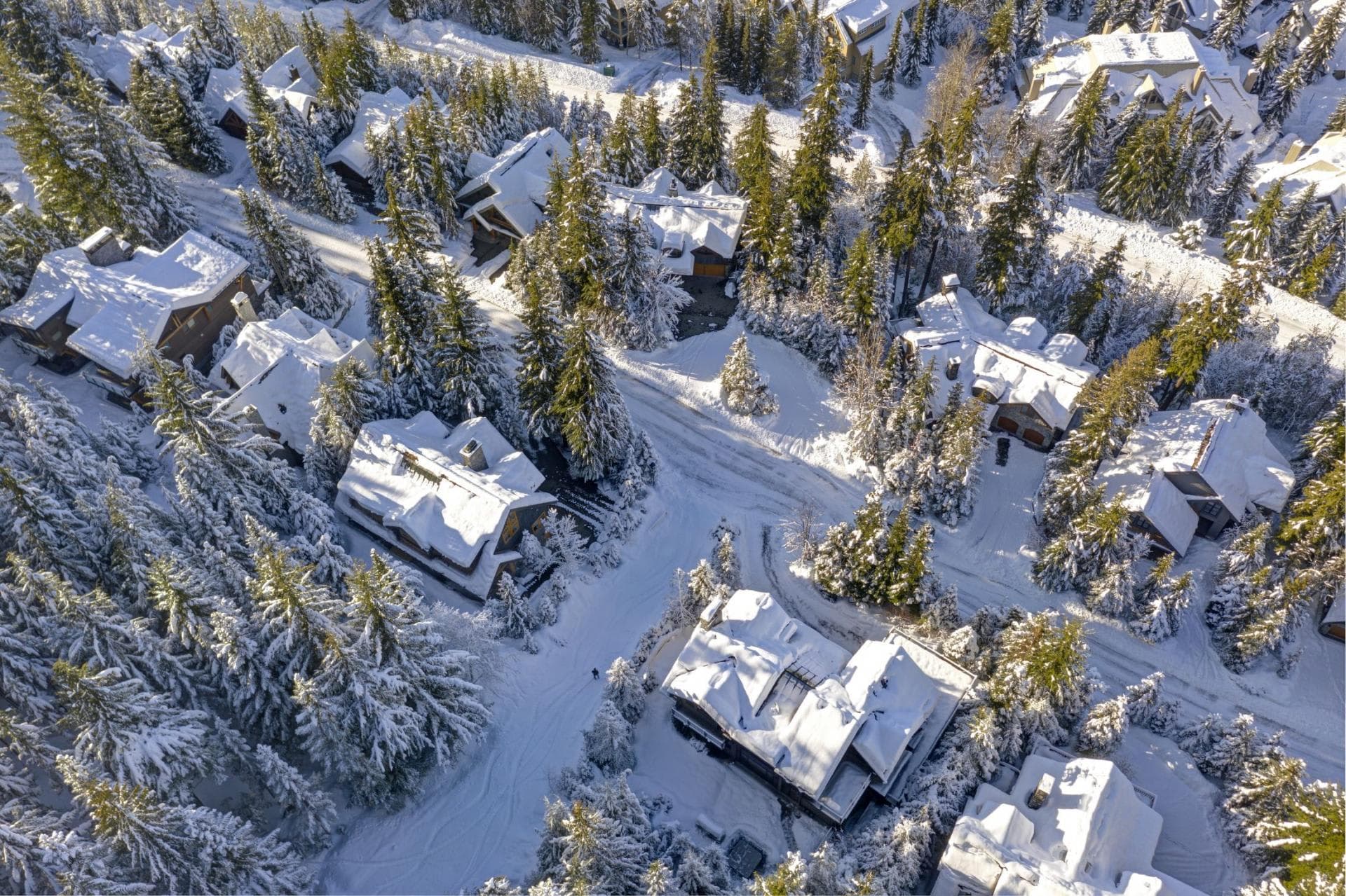 Aerial view of neighborhood showing ski-in/ski-out trail access to chalets