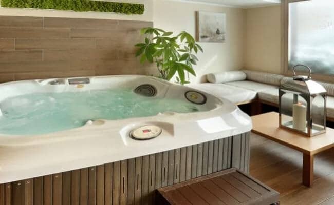 Indoor hot tub with wooden step and adjacent lounge seating area