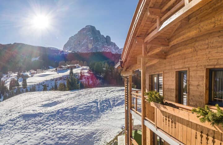 Chalet balcony with direct views of the Dolomites mountain range