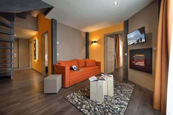 Living area with electric fireplace and sleeper sofa for extra guests