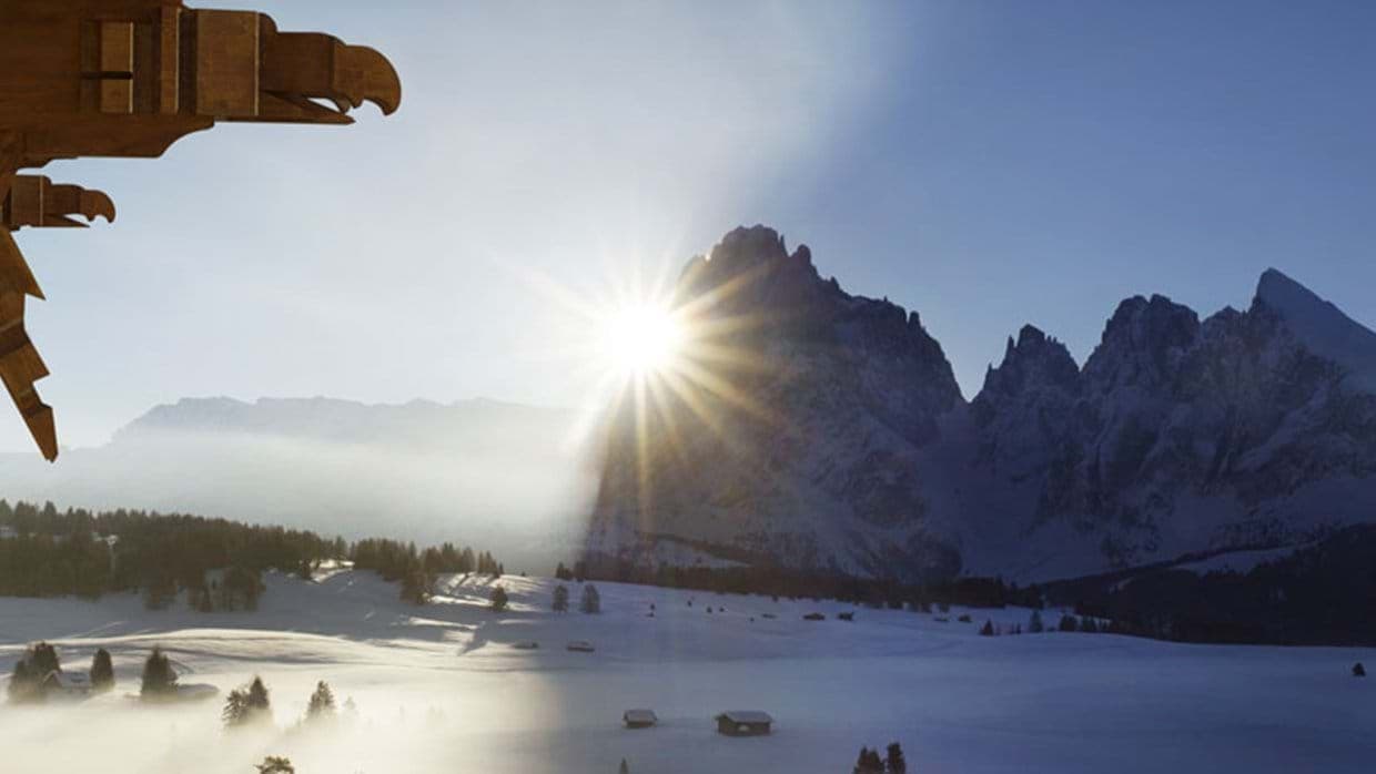 Balcony view of Langkofel mountain at sunrise; ski-in/ski-out access