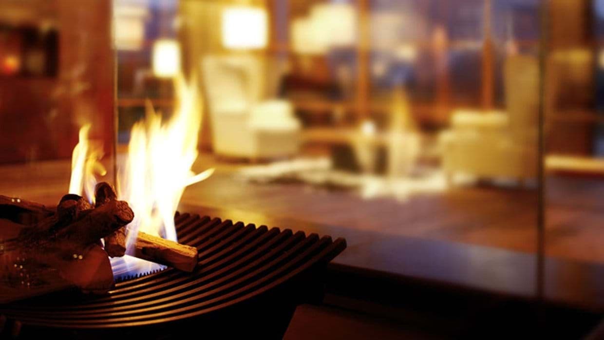 Double-sided gas fireplace connects living area and outdoor terrace