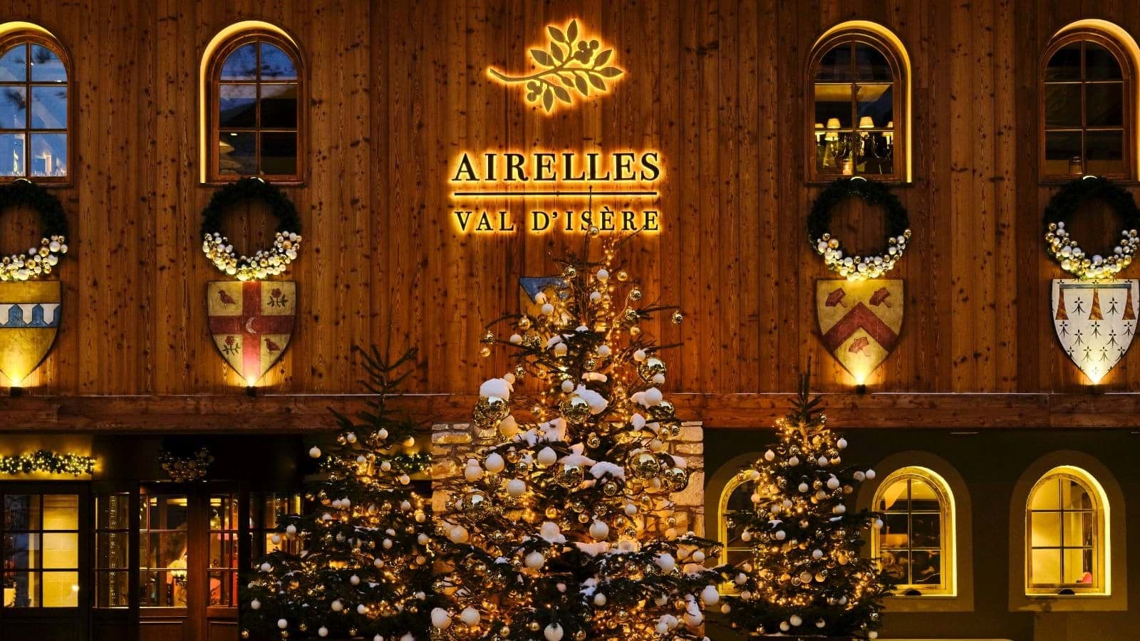 Hotel entrance at Airelles Val d'Isère with festive holiday lighting