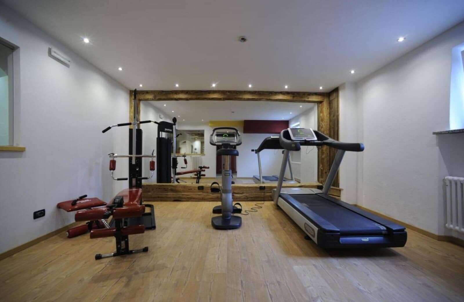 Private gym with treadmill, stationary bike, and multi-gym weight station