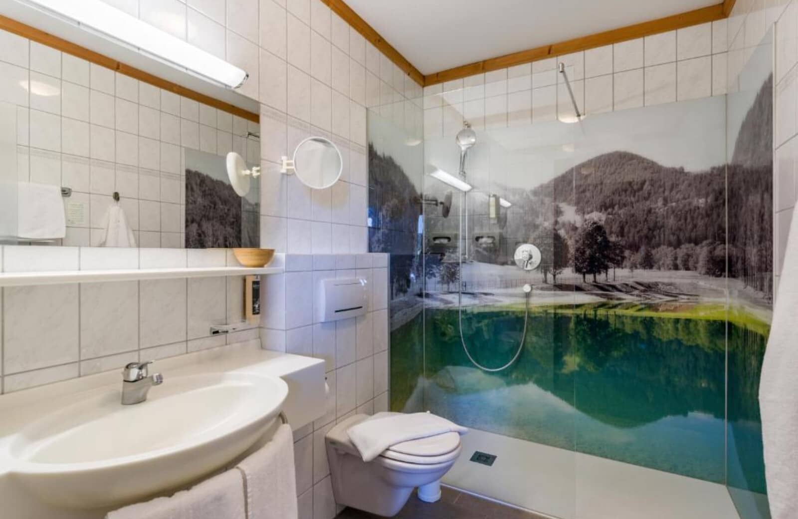 Bathroom with walk-in shower featuring mountain mural and handheld sprayer
