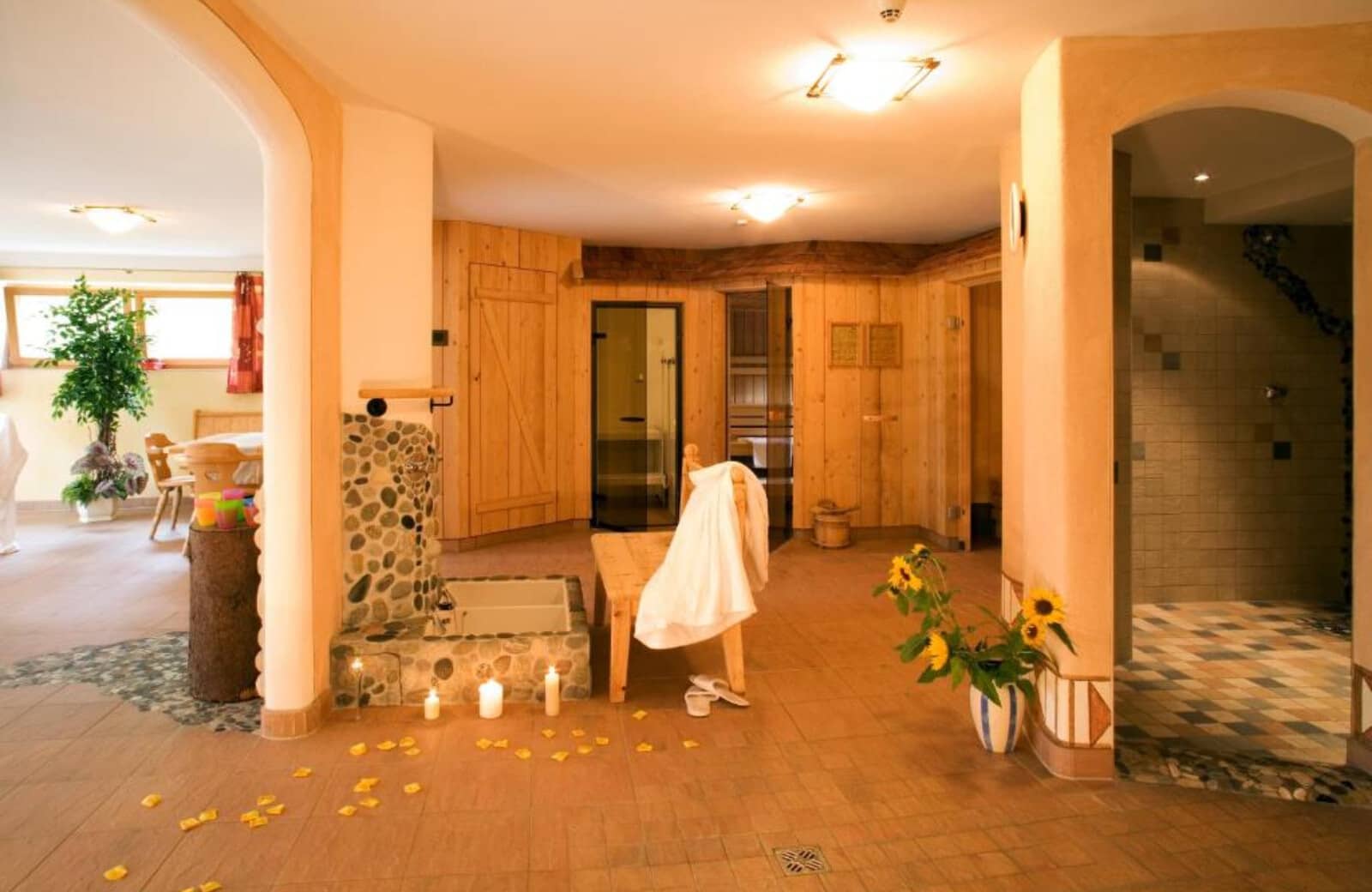 Spa area with cedar sauna and walk-in stone shower