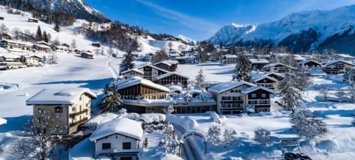 Aerial view of alpine village with ski-in/ski-out access to slopes