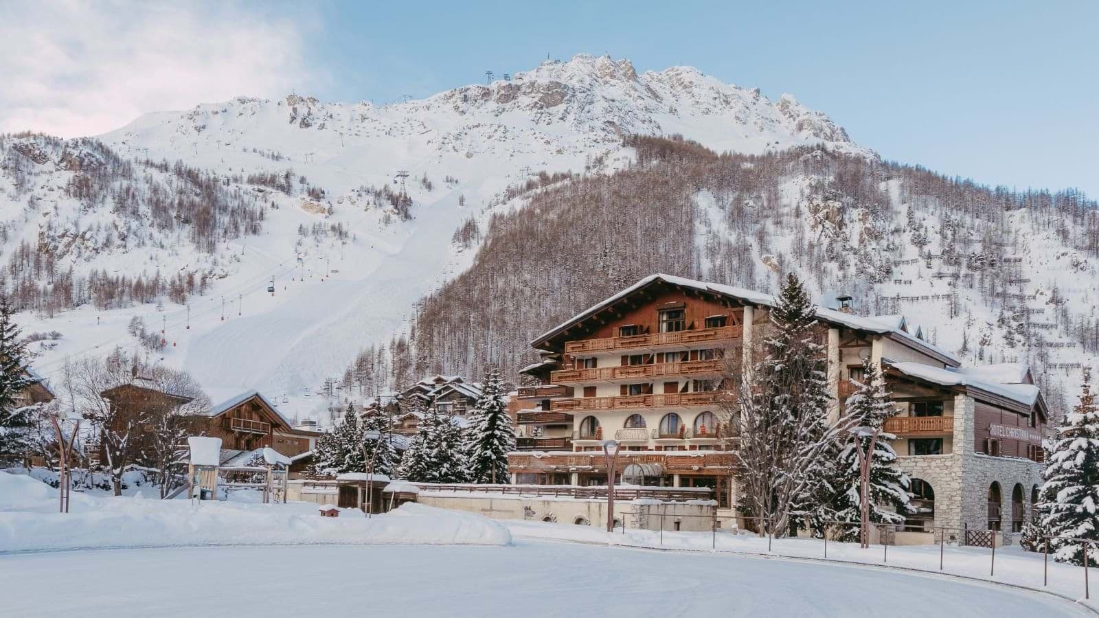 Lodge exterior with ski-in access and private balconies