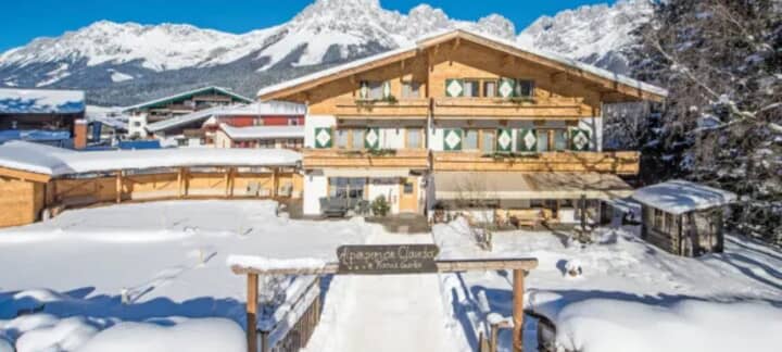 Chalet exterior with private balconies and mountain views