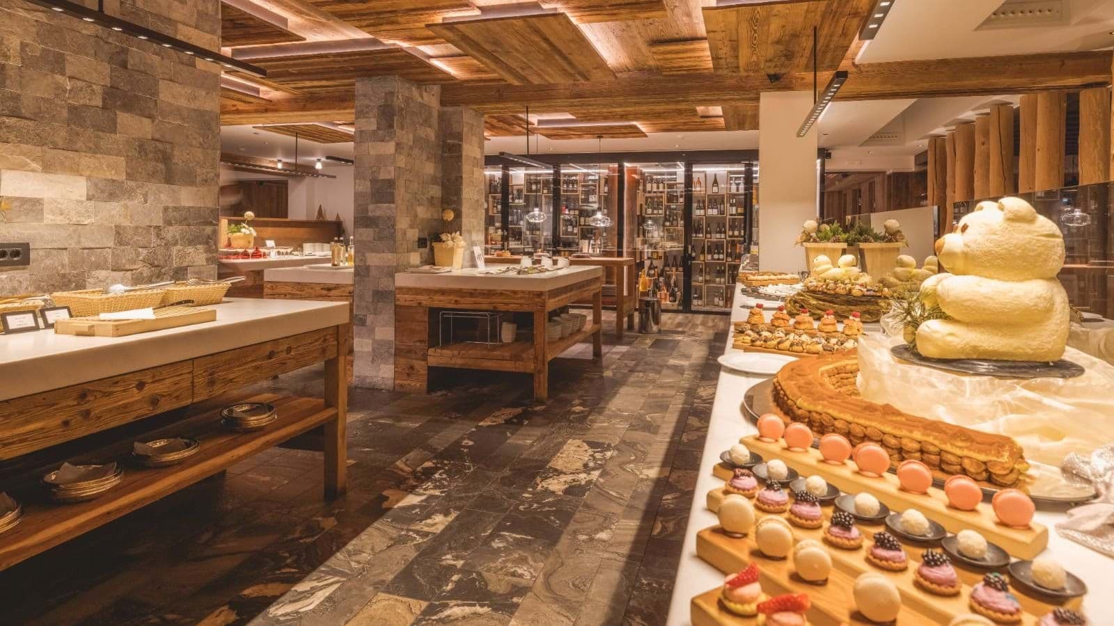 Buffet area with dessert station and temperature-controlled wine cellar